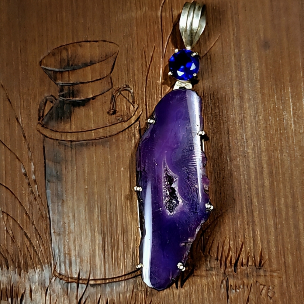 Vibrant, Deep Purple Agate Druzy and Dark Blue,Faceted Gemstone Pendant/Sparkles